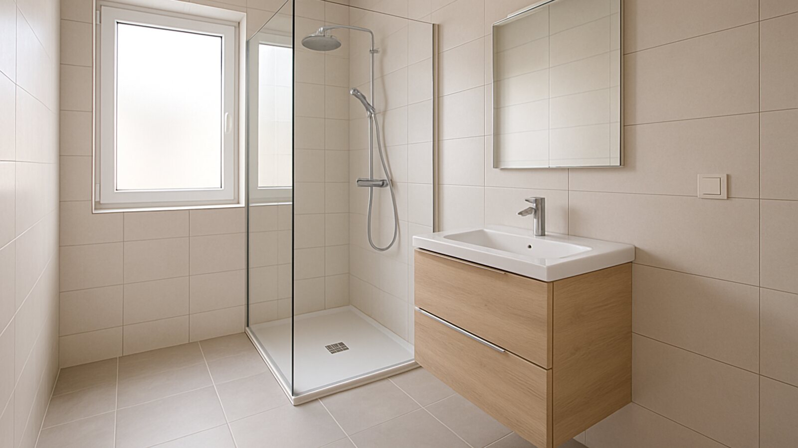 Modernes saniertes Badezimmer mit bodengleicher Dusche hinter einer Glaswand und großformatigen Fliesen