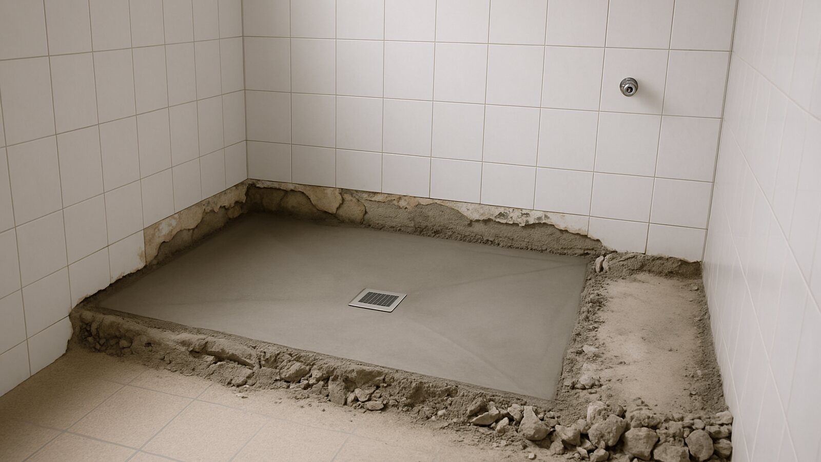 Umbau von Badewanne zu bodengleicher Dusche, aufgestemmter Boden mit neuem flachem Ablauf