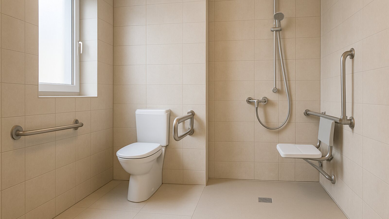 Barrierefreies Bad mit bodengleicher Dusche, klappbarem Haltegriff und Duschsitz