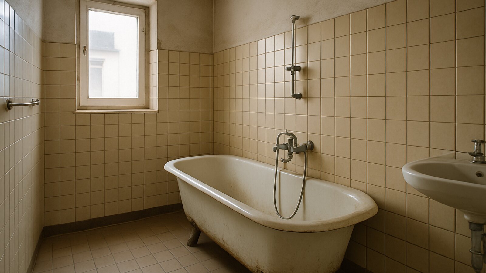 Altbau-Bad vor der Sanierung mit veralteten kleinen Fliesen, alter Wanne und vergilbten Fugen