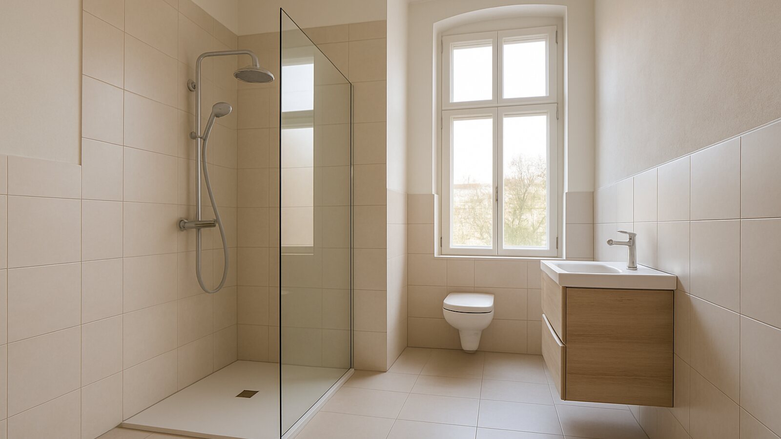 Saniertes Bad in einem Gründerzeit-Altbau mit hoher Decke, bodengleicher Dusche und hohem Fenster