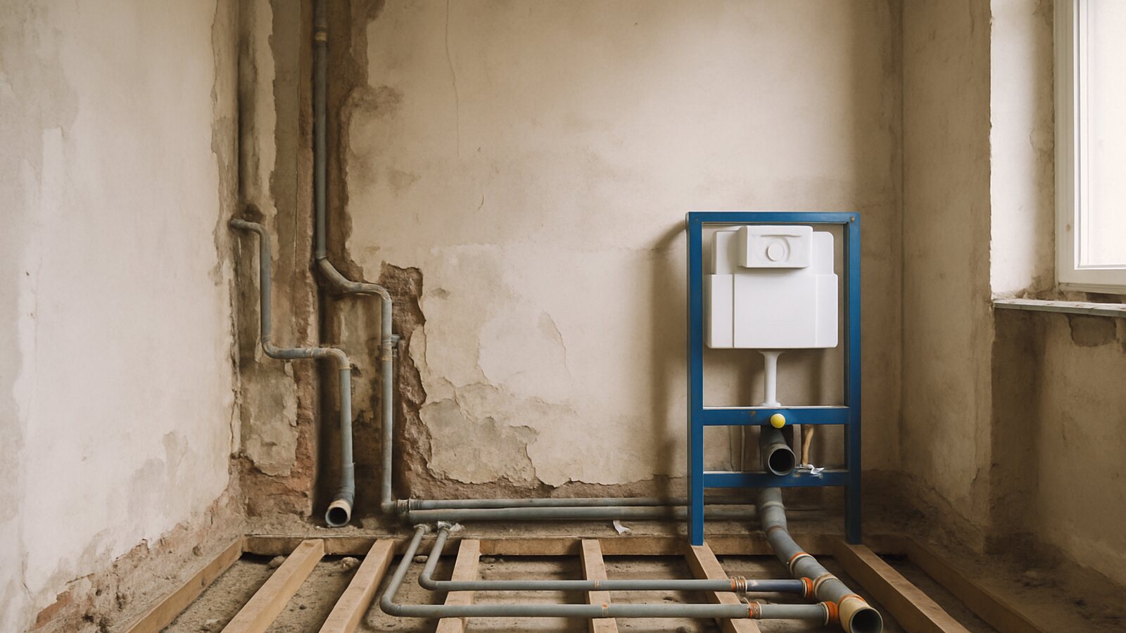 Entkerntes Altbau-Bad mit freigelegten alten Leitungen und neuer Vorwandinstallation im Rohbau