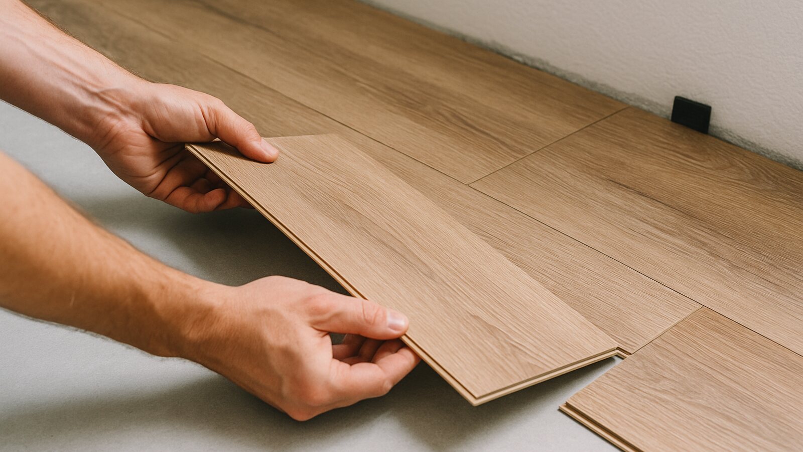 Handwerker verlegt Vinyl-Designboden als Klicksystem schwimmend und fügt eine neue Klickdiele in die vorige ein