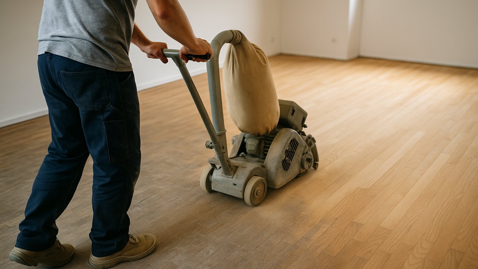 Handwerker schleift einen alten Parkettboden mit einer Walzen-Parkettschleifmaschine ab, im Hintergrund die bereits blank geschliffene Fläche