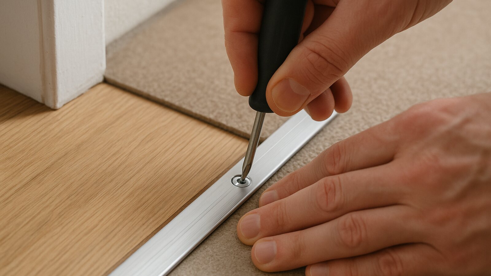 Handwerker setzt an einer Türschwelle ein Übergangsprofil aus Metall zwischen zwei Bodenbelägen und schraubt es fest