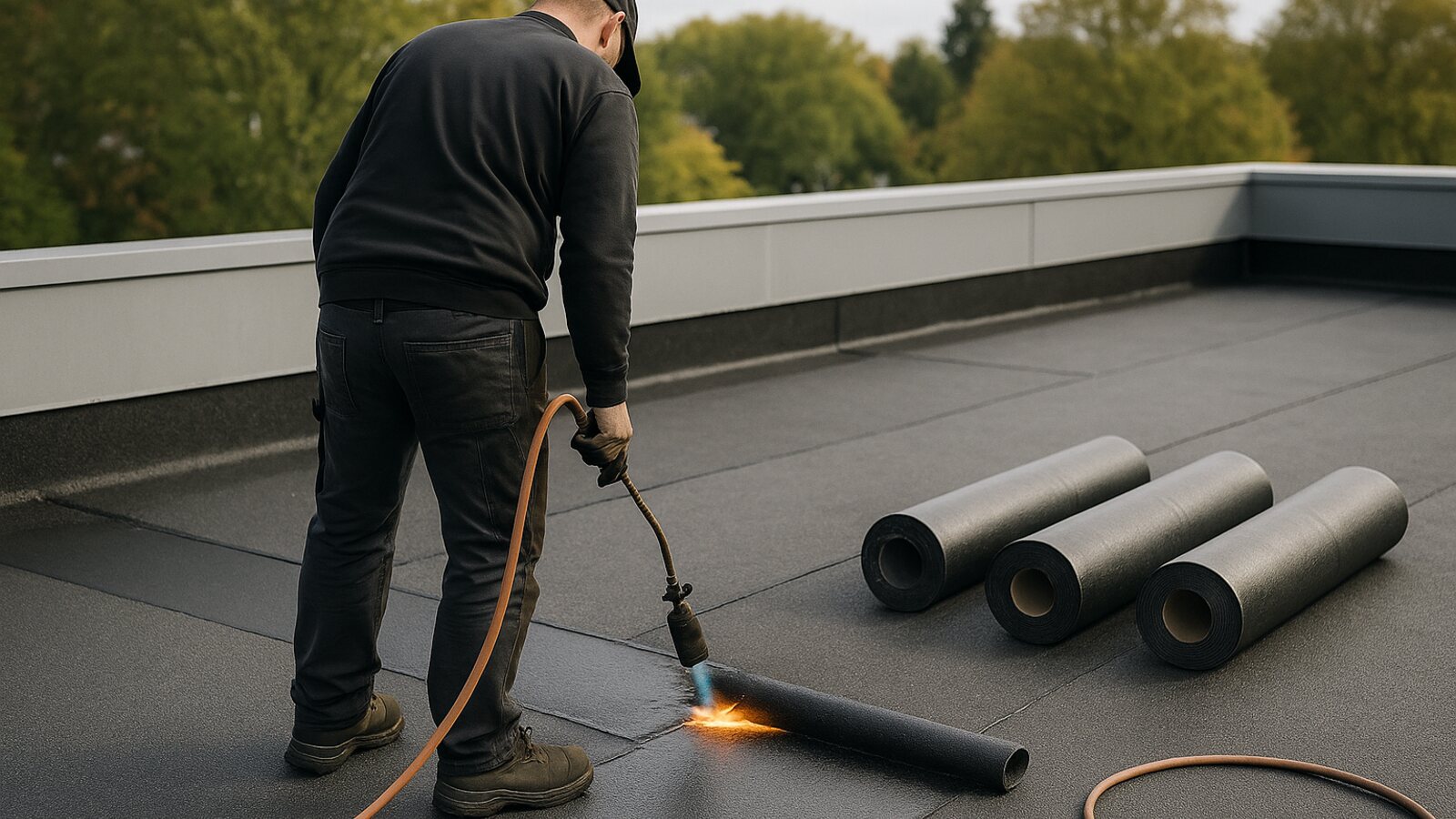 Eine Bitumen-Dachbahn wird auf einem Flachdach mit dem Gasbrenner angeschweißt