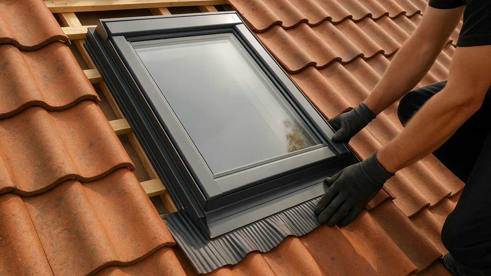 Ein Dachfenster wird mit Eindeckrahmen in eine geneigte Ziegeldachfläche eingesetzt