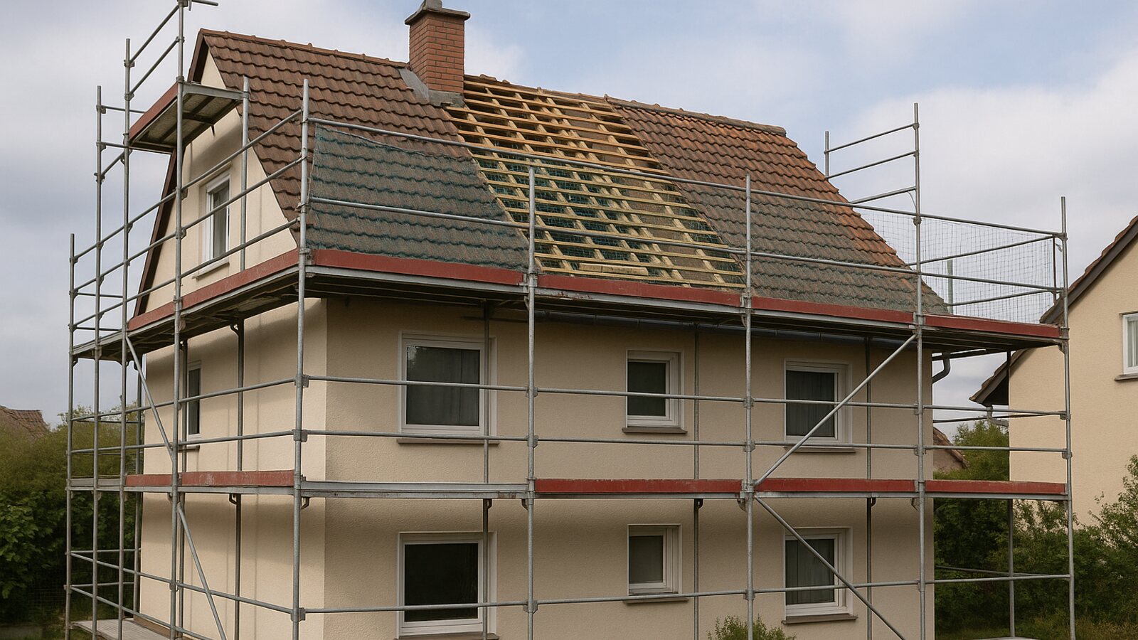 Wohnhaus mit Arbeitsgeruest und Fanggeruest zur Absturzsicherung am Dach