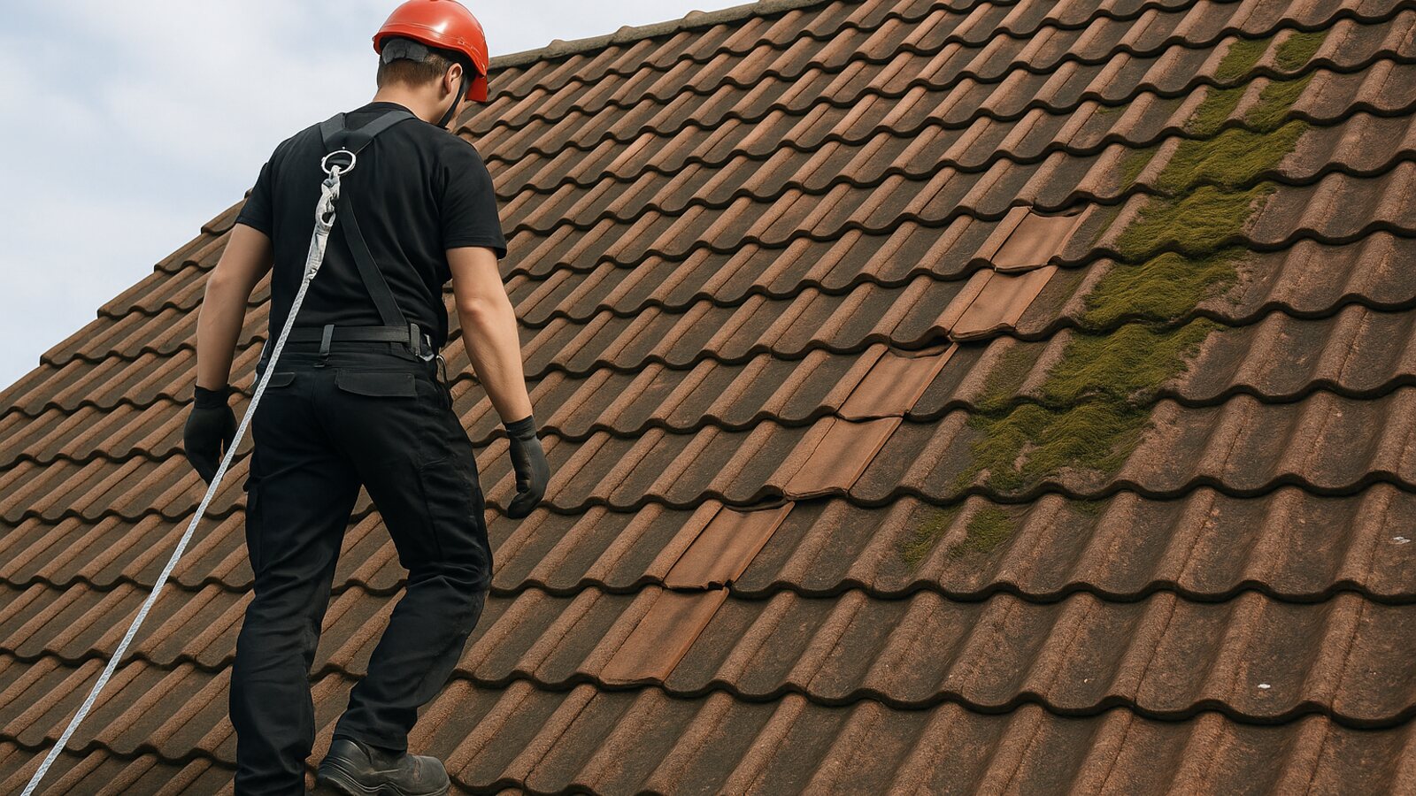 Eine Steildachfläche wird auf lose oder verrutschte Ziegel kontrolliert