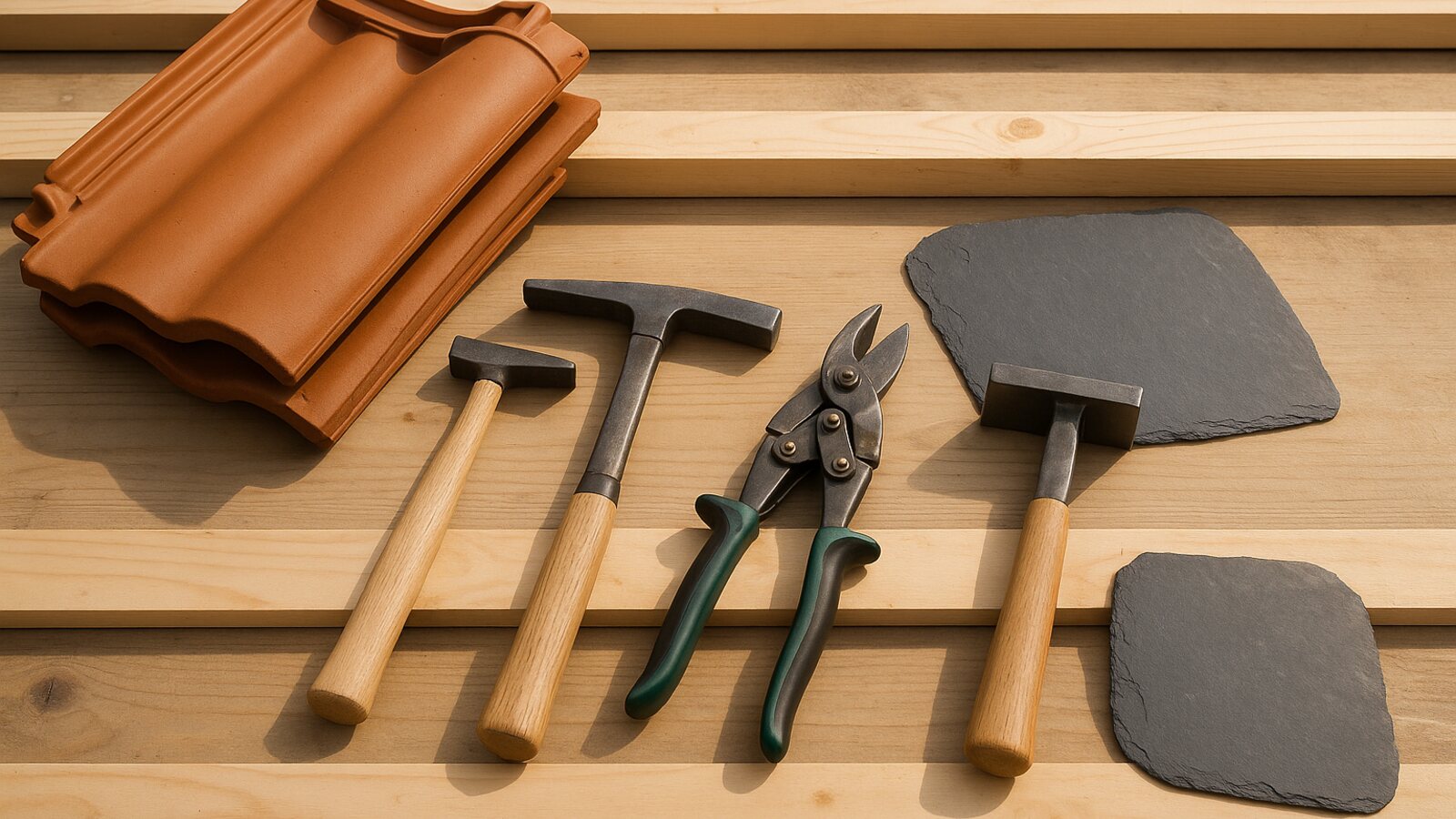 Dachdeckerwerkzeug auf Holz: Schieferhammer, Latthammer, Blechschere und Falzzange
