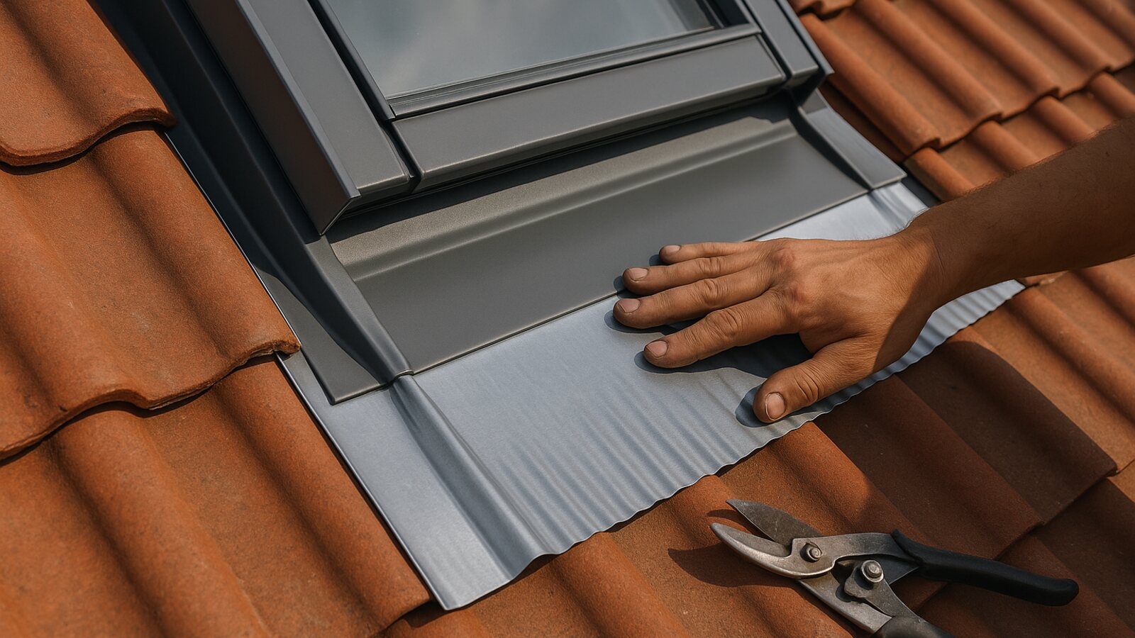 Nahaufnahme eines Eindeckrahmens aus Aluminiumblech, dessen gefalzte Blechschürze rund um das Dachfenster an die roten Ziegel angeschlossen wird