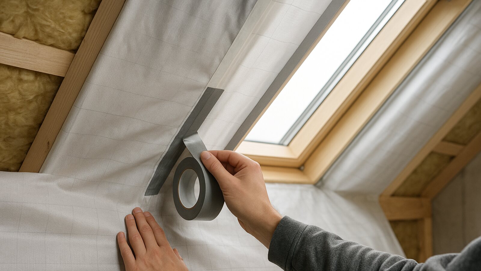 Hand verklebt unter der Dachschräge die helle Dampfbremsfolie mit grauem Klebeband luftdicht am Dämmrahmen eines neuen Dachfensters