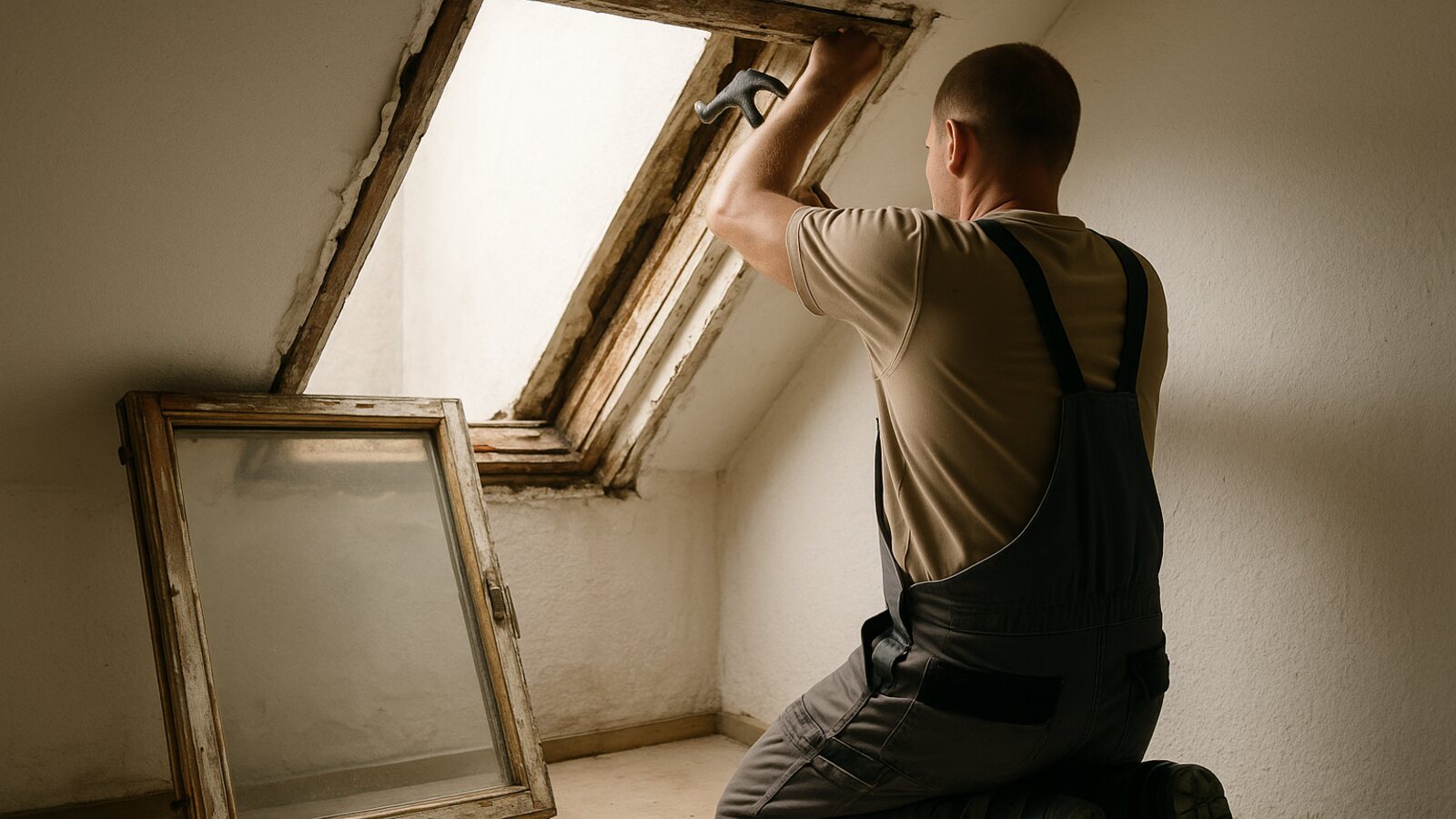 Handwerker baut unter einer Dachschräge ein altes, stark vergrautes Holz-Dachfenster aus, der Flügel ist bereits ausgehängt