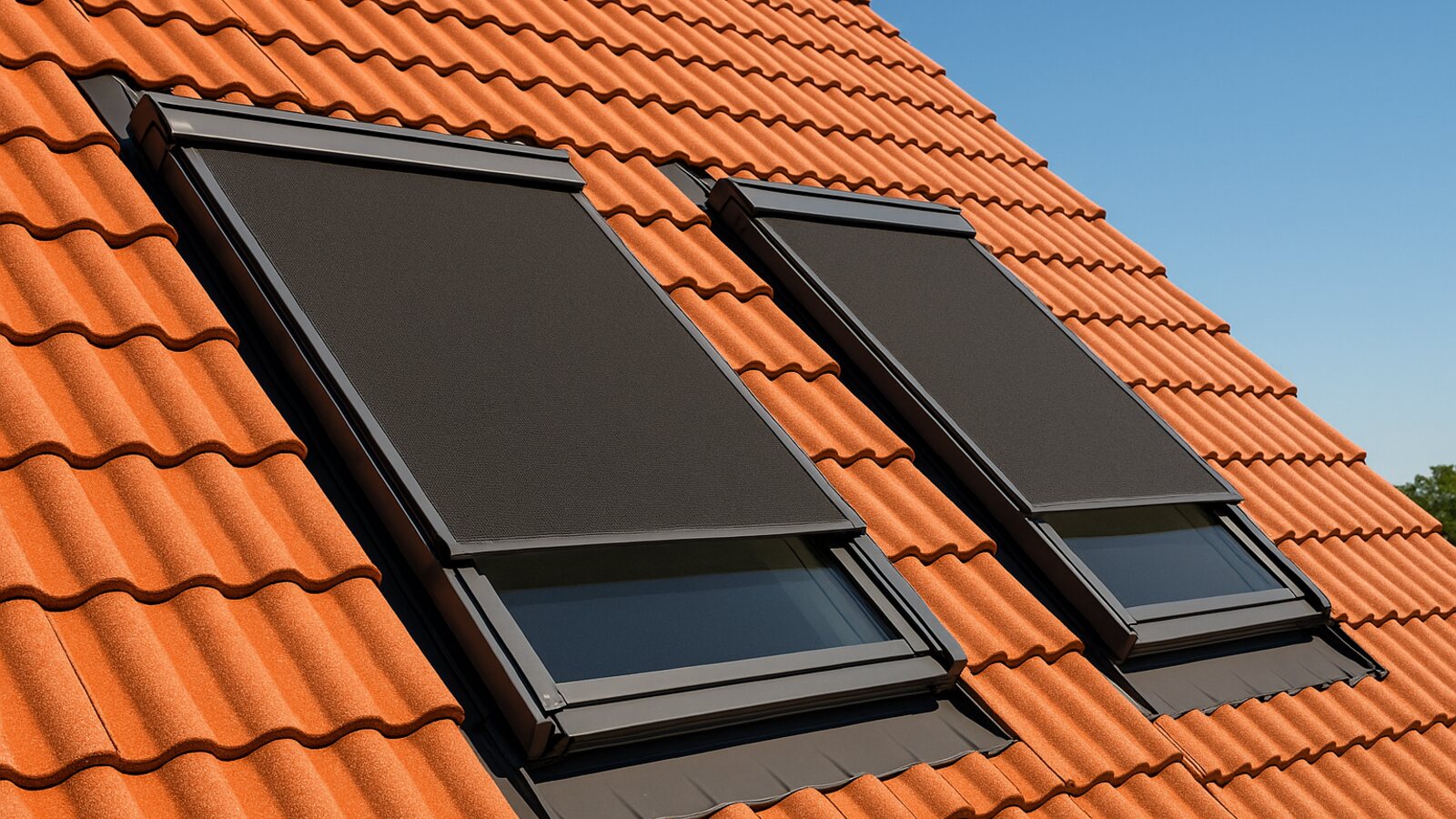 Zwei Dachfenster in einem roten Ziegeldach bei Sommersonne, davor jeweils eine außenliegende Hitzeschutzmarkise aus dunklem Gewebe