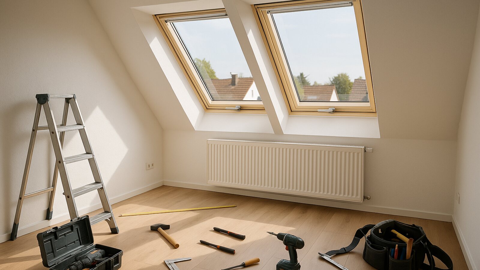 Helles, fertig ausgebautes Dachgeschosszimmer mit weißer Dachschräge und zwei neuen Dachfenstern, darunter ein senkrechtes Innenfutter