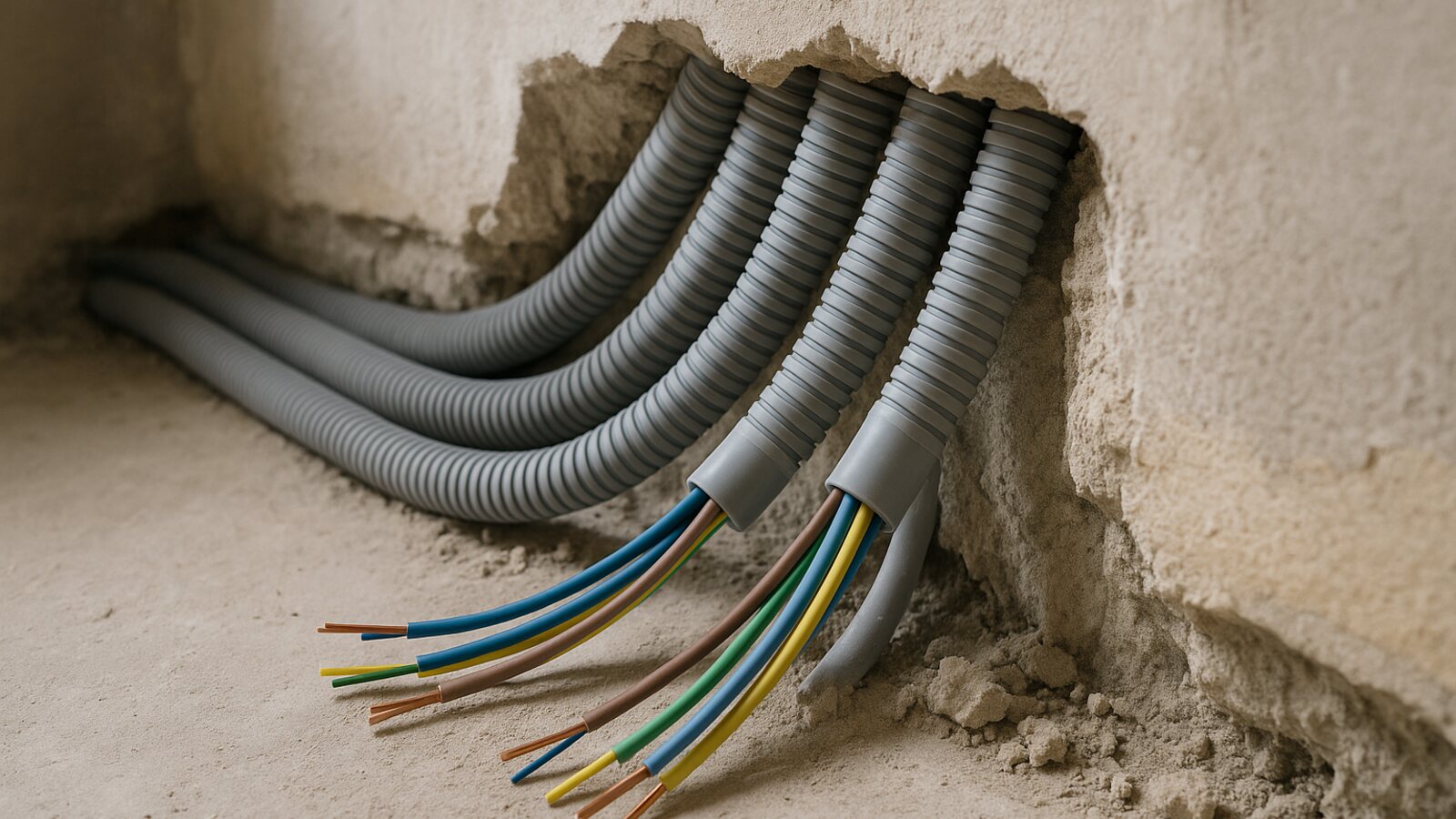 Kabel wird durch ein Installationsrohr in der Wand gefuehrt