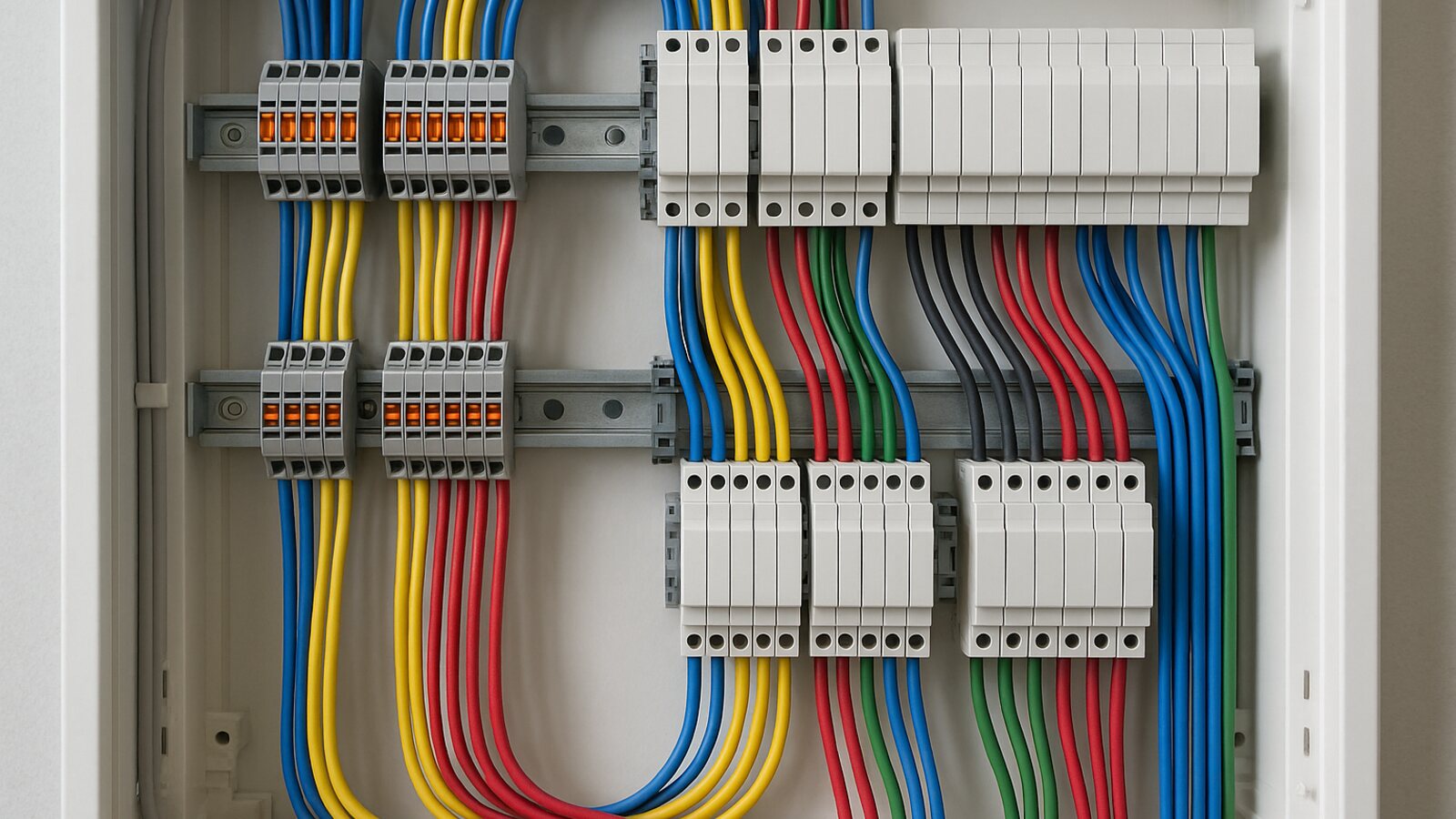 Modul in einem aufgeraeumten Smart-Home-Verteiler wird angeschlossen
