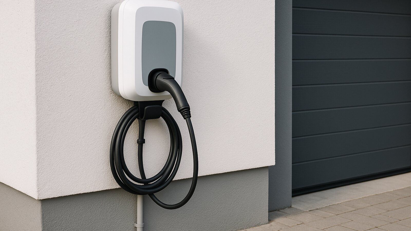 Wallbox wird an einer verputzten Aussenwand befestigt, Ladekabel liegt bereit