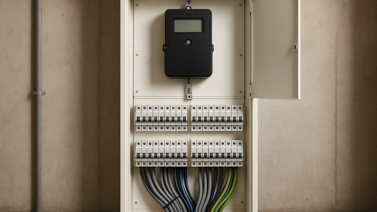 Geöffneter Zählerschrank mit elektronischem Zähler und Leitungsschutzschaltern