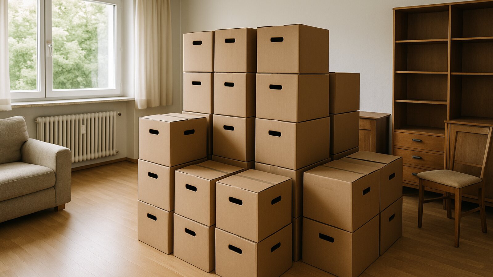Wohnzimmer bei einer Wohnungsaufloesung mit gestapelten Umzugskartons in der Raummitte