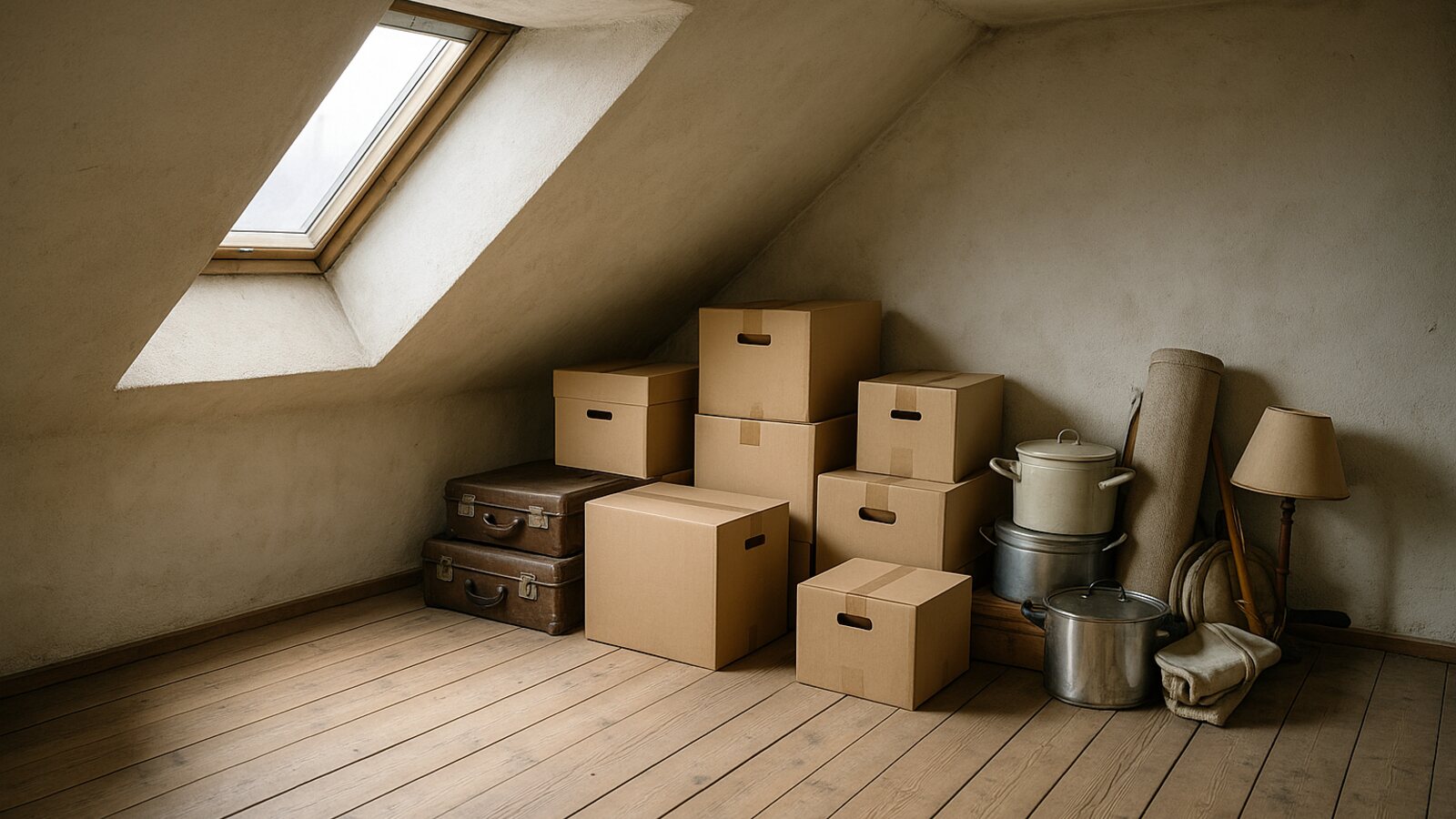 Dachbodenraeumung mit Hausrat unter der Dachschraege und Tageslicht durch das Dachfenster