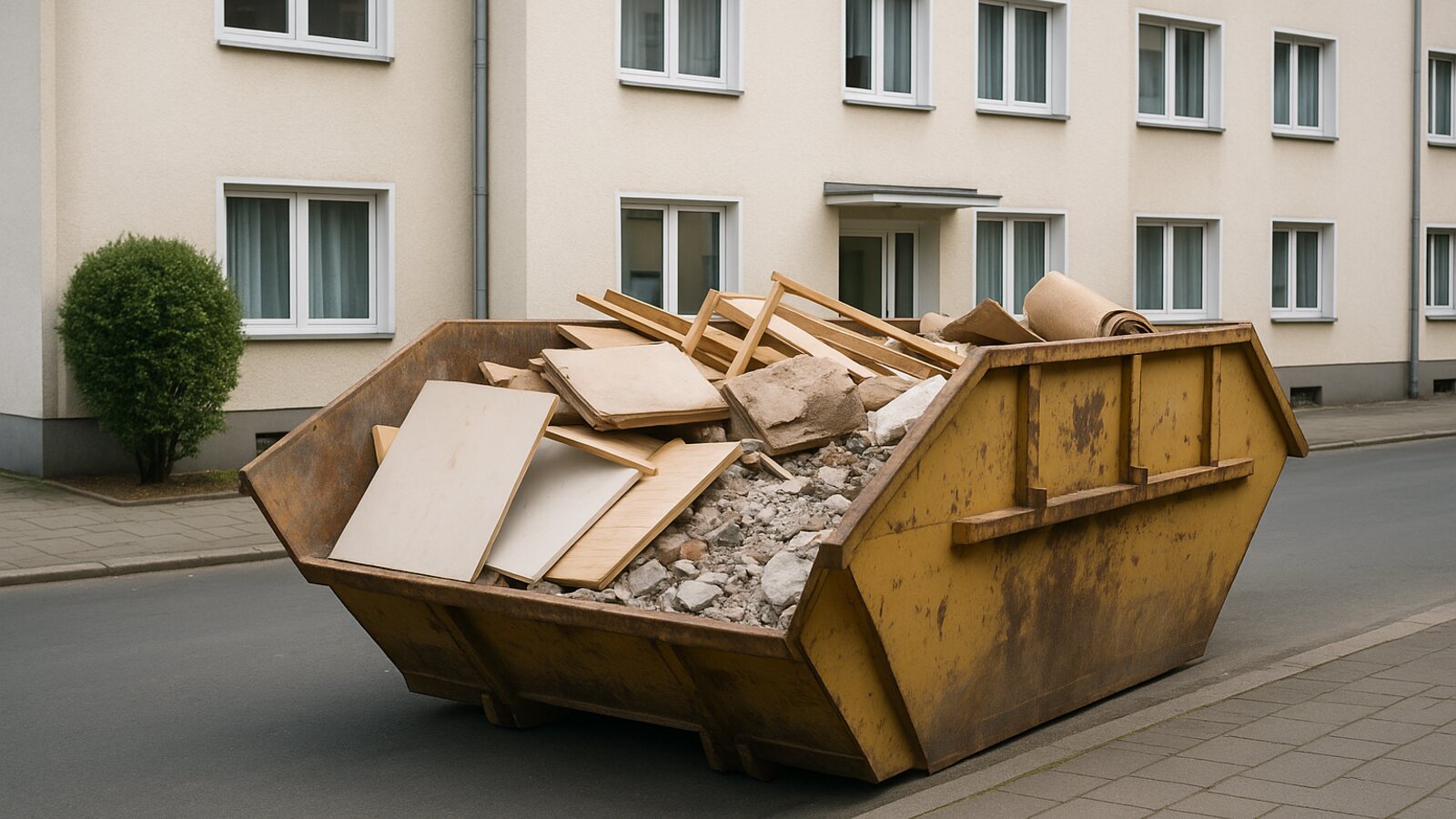 Container fuer die Entsorgung steht abgesetzt am Strassenrand vor dem Haus
