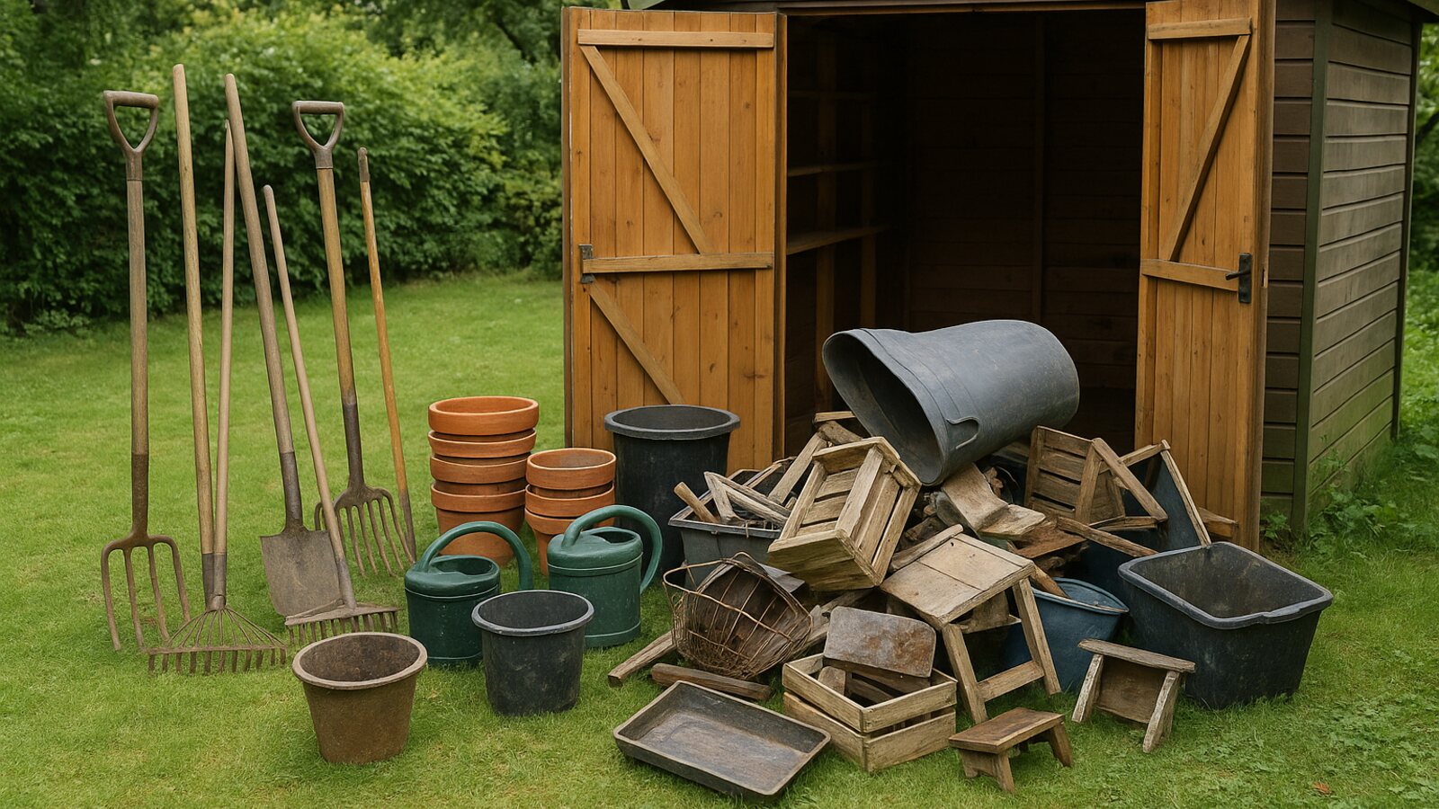 Raeumung eines Gartenschuppens mit aussortierten Geraeten vor dem offenen Eingang
