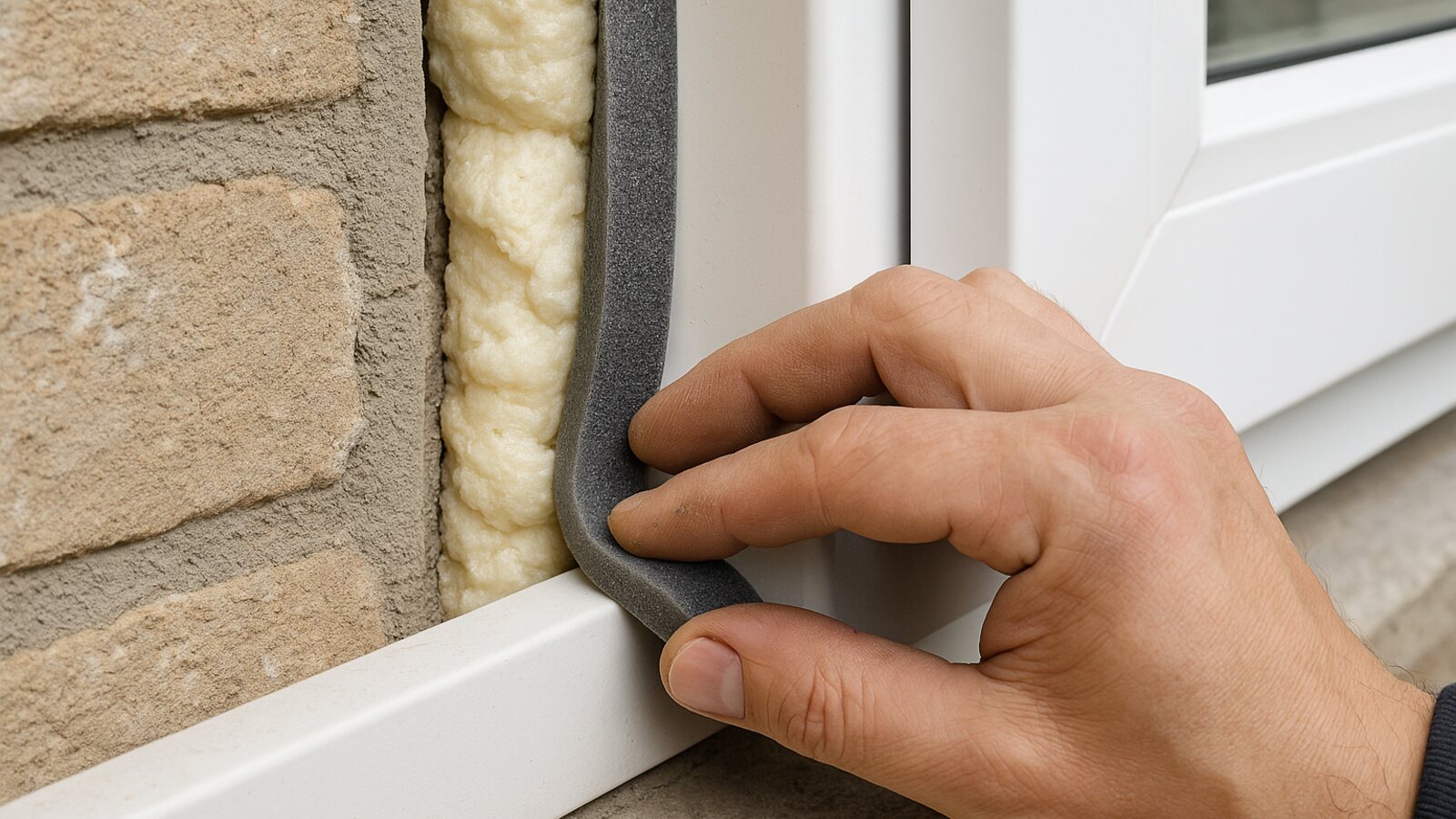 Nahaufnahme der Anschlussfuge zwischen Fensterrahmen und Mauer, eine Hand drückt graues Kompriband in die gedämmte Fuge