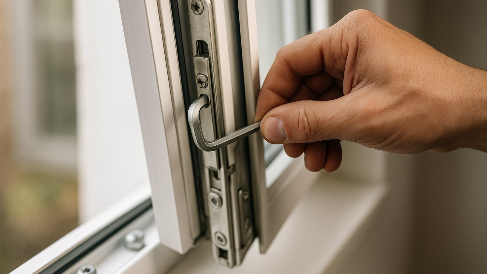 Hand stellt mit einem Inbusschlüssel den Beschlag an der Kante eines gekippten Kunststofffensters nach