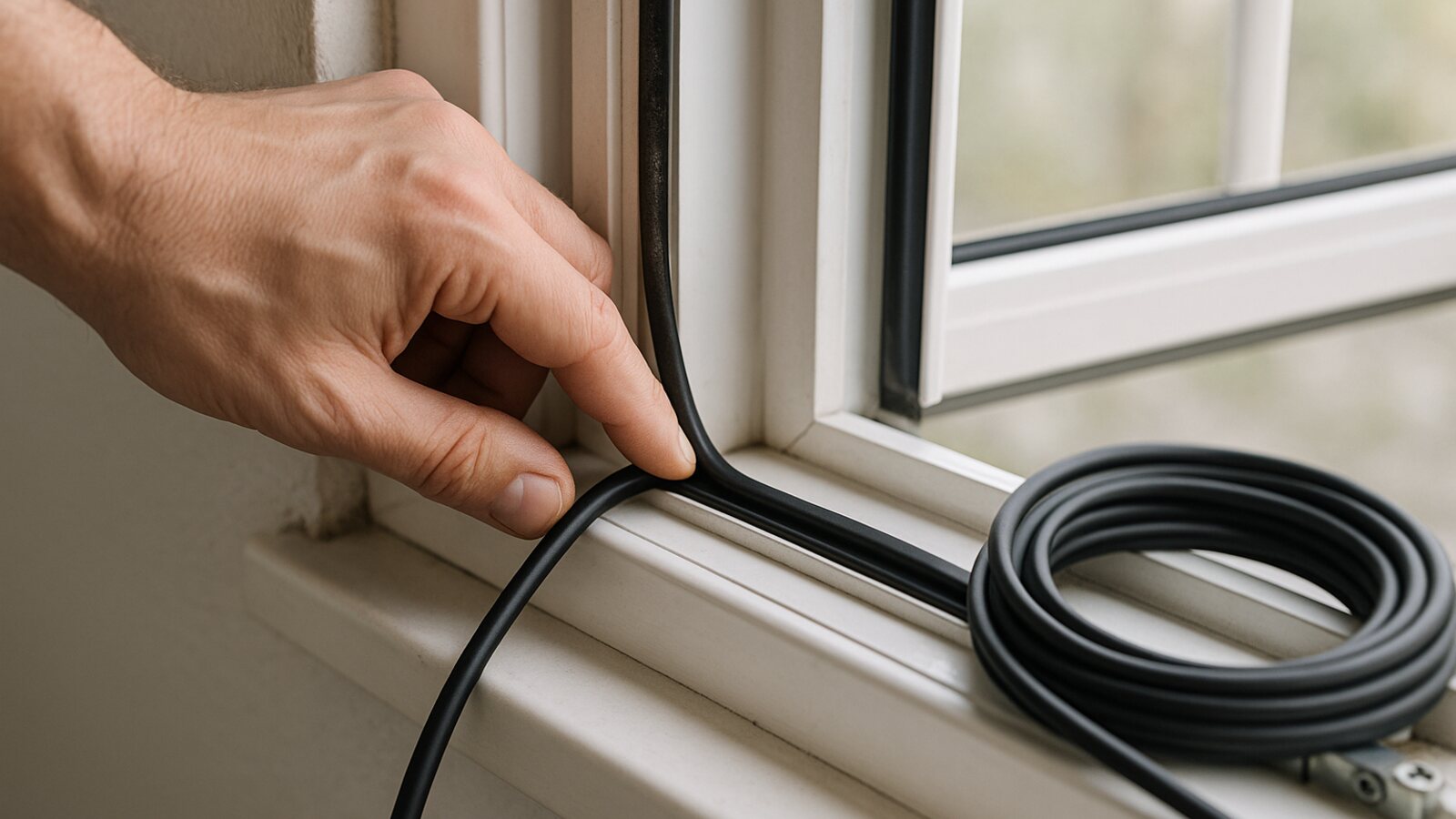 Hand drückt eine neue schwarze Gummidichtung in die umlaufende Nut eines geöffneten Fensterflügels