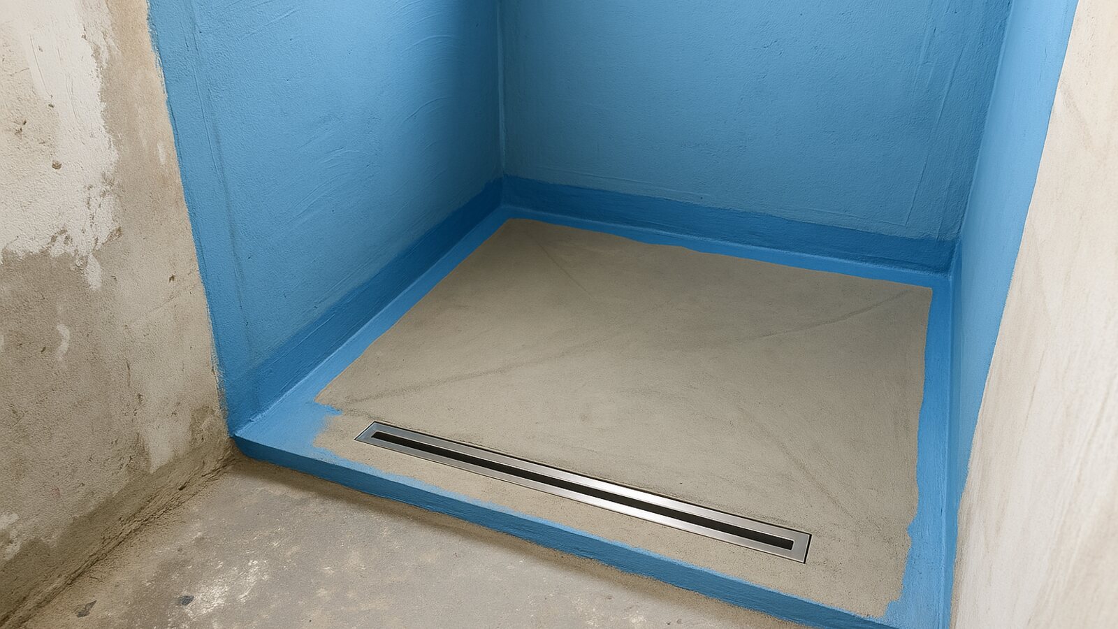 Bodengleiche Dusche im Rohbau mit Ablaufrinne, Gefälle und blauer Verbundabdichtung