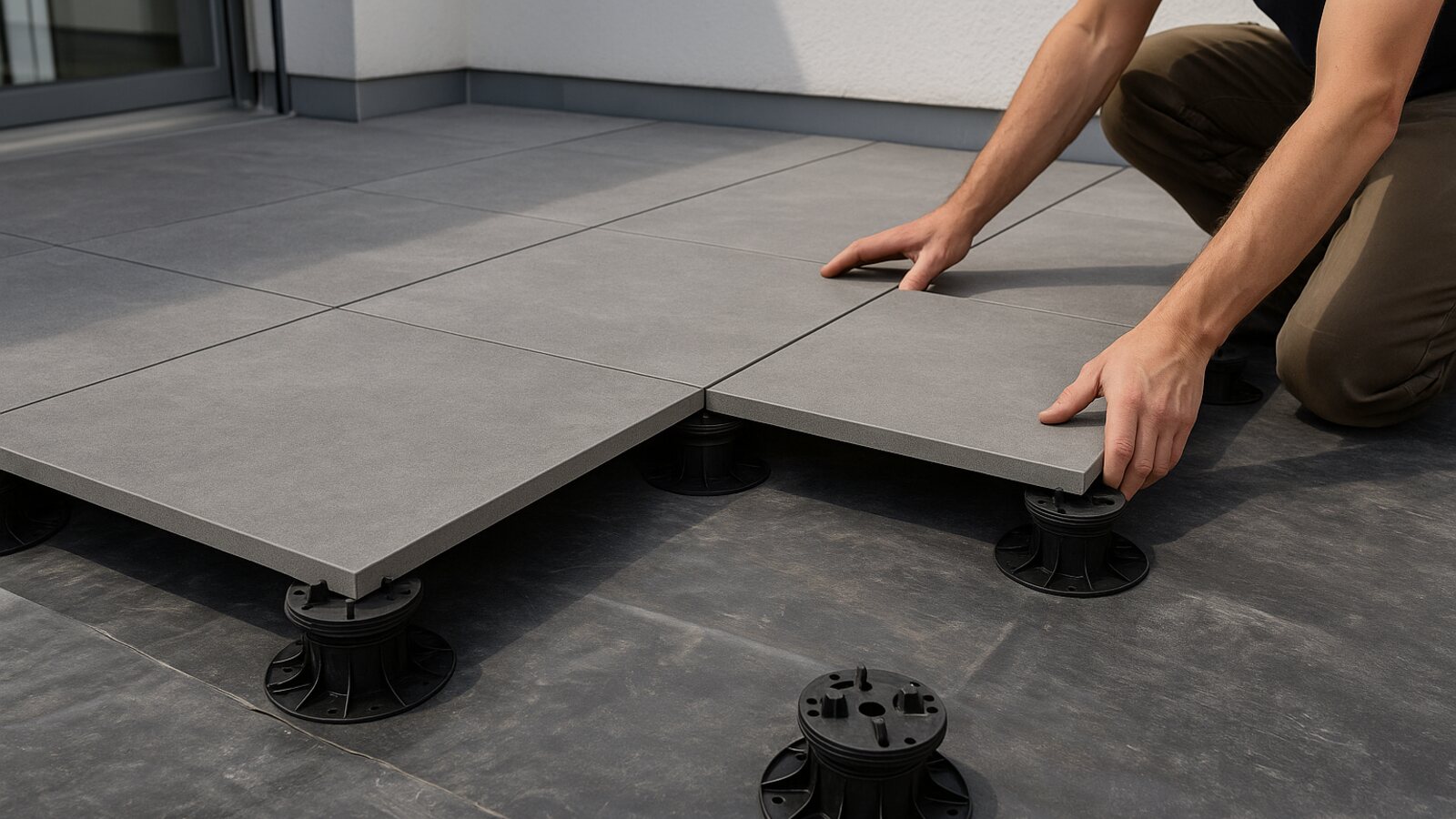 Verlegen grauer Terrassenplatten auf Stelzlagern auf einer Dachterrasse