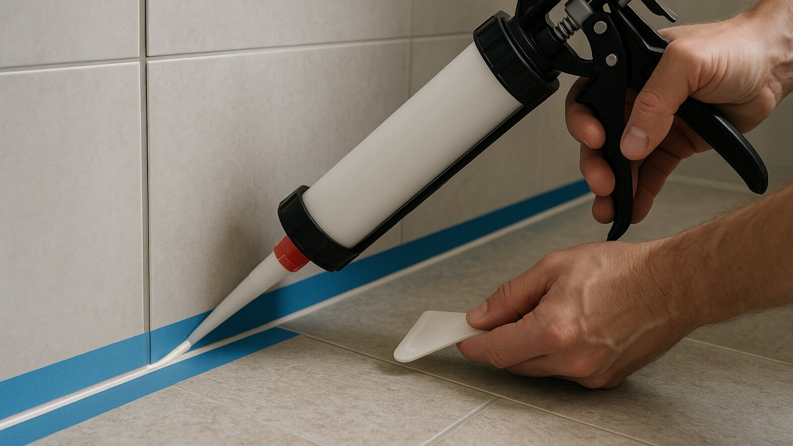 Elastische Silikon-Randfuge wird in die Ecke zwischen Wand- und Bodenfliesen eingespritzt