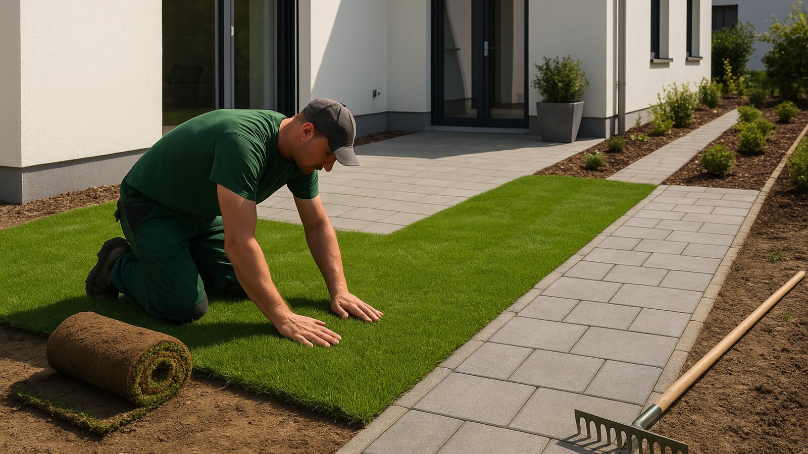 Landschaftsgärtner legt einen neuen Garten an, mit frisch verlegtem Rollrasen und einem gepflasterten Weg vor einem Wohnhaus