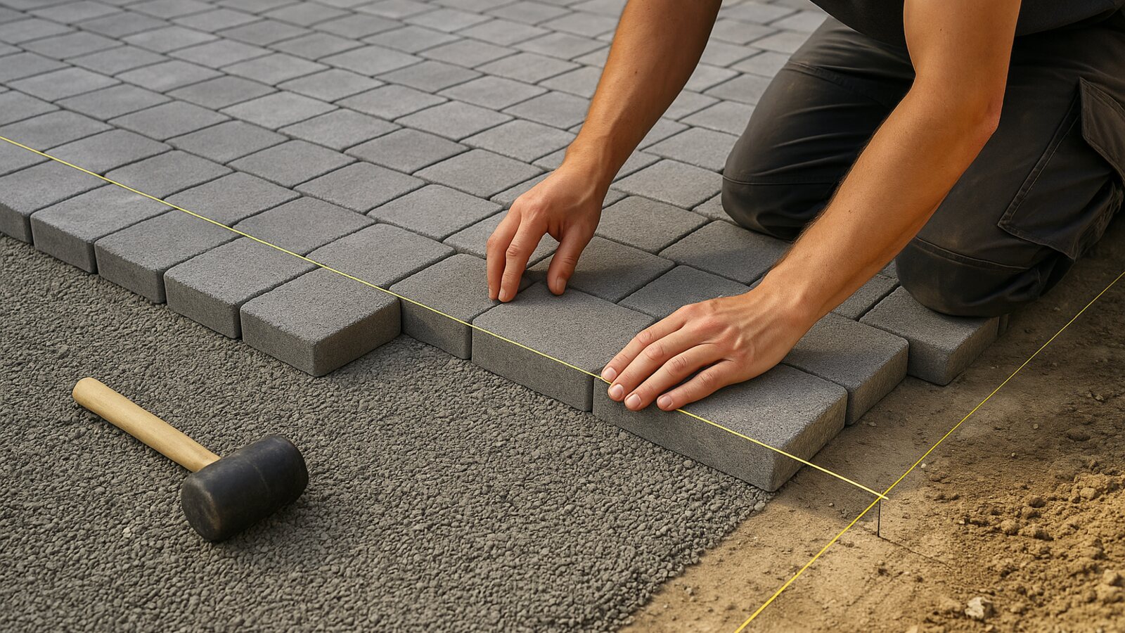 Landschaftsgärtner verlegt Betonpflastersteine im Splittbett auf einer neuen Terrasse und richtet sie an einer Schnur aus