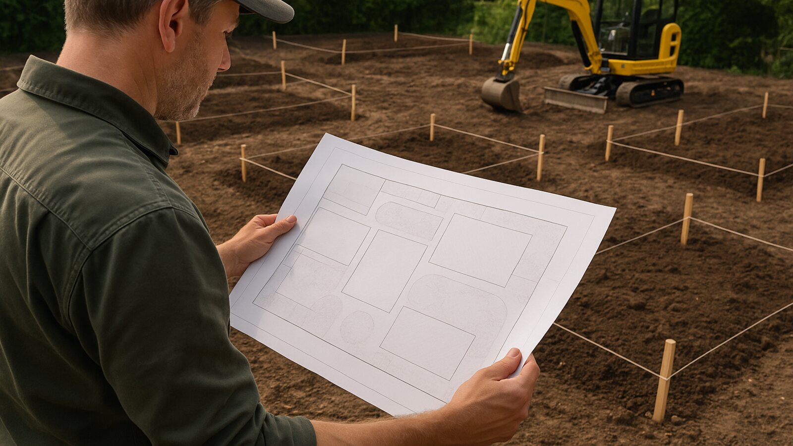 Gartenplaner steht mit einem Plan im frisch modellierten Rohgarten, im Hintergrund abgesteckte Beetflächen und ein kleiner Bagger