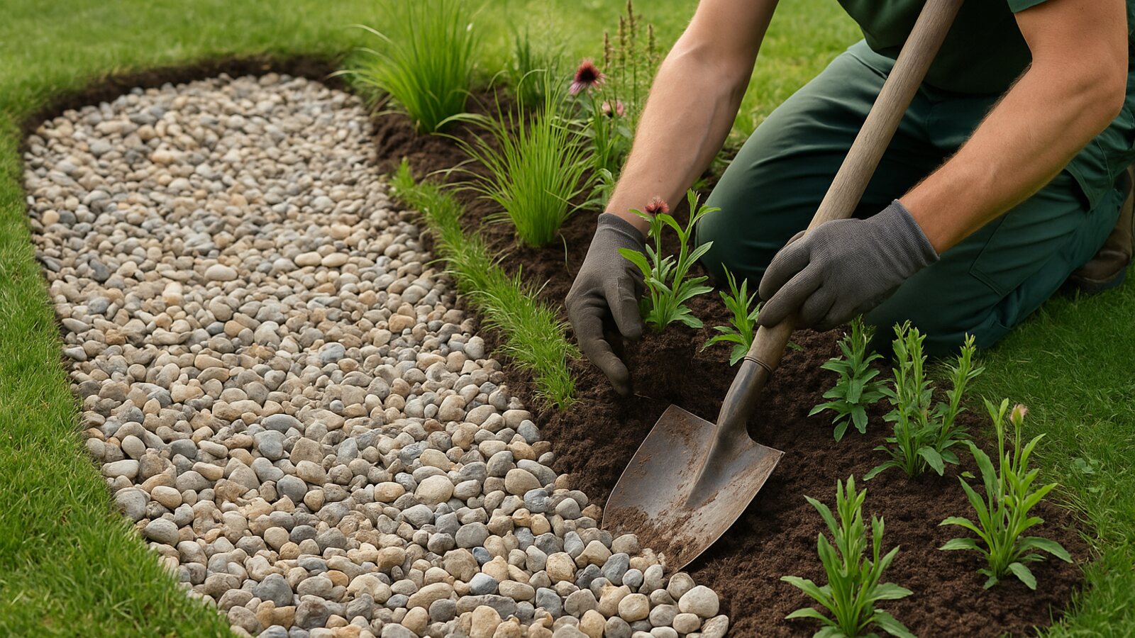 Landschaftsgärtner legt eine mit Kies gefüllte Versickerungsmulde für Regenwasser an und bepflanzt den Rand