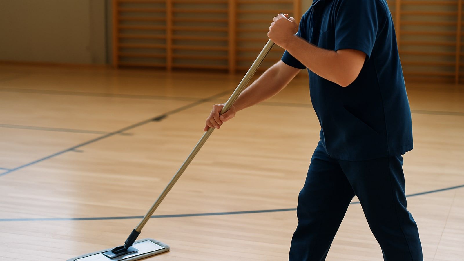 Gebäudereinigung in Bottrop: Reinigungskraft wischt den Holzboden einer Schulsporthalle mit einem breiten Flachmopp