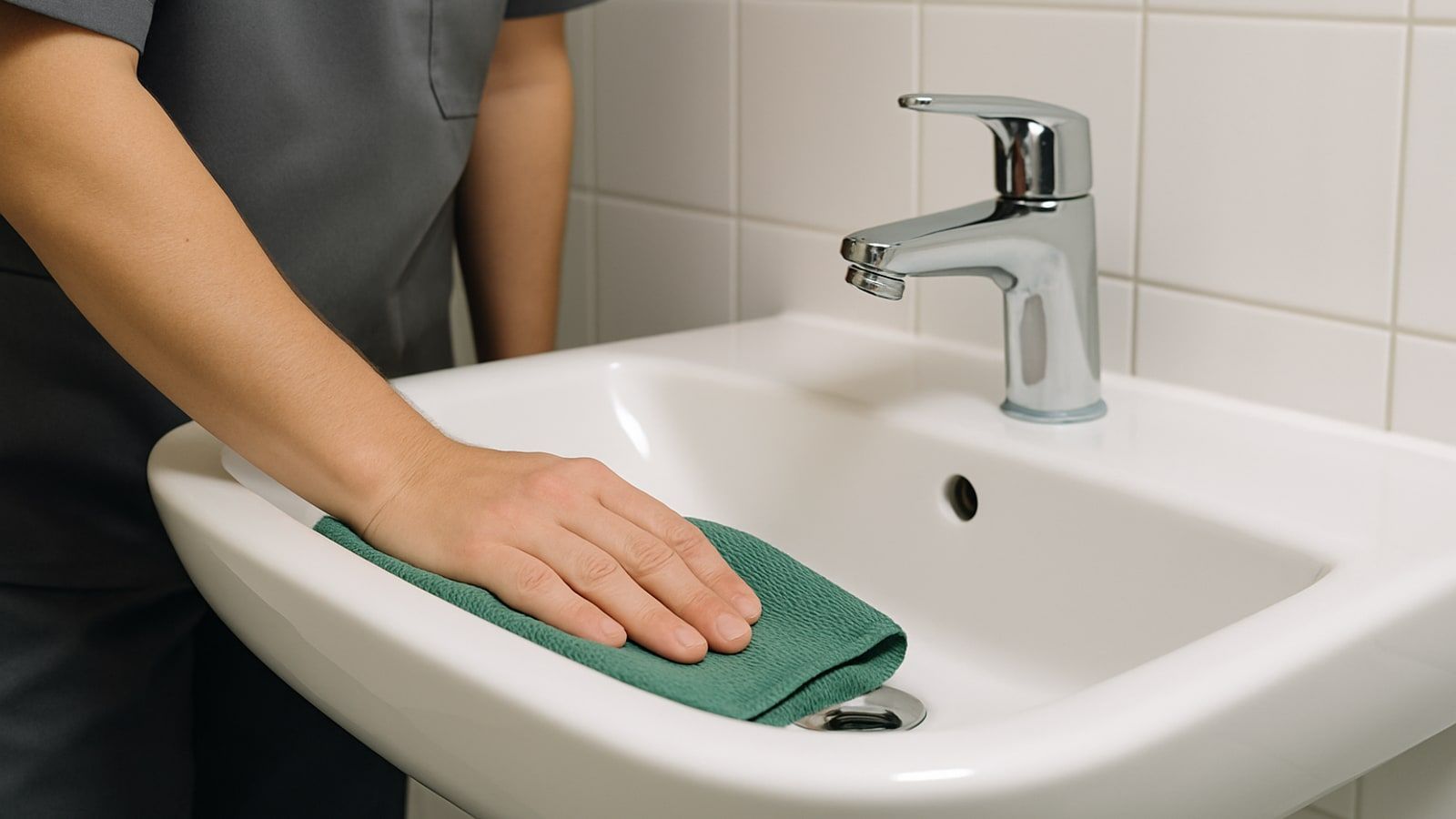 Gebäudereinigung Castrop-Rauxel: Unterhaltsreinigung, Reinigungskraft reinigt ein Waschbecken im Sanitärraum einer Praxis