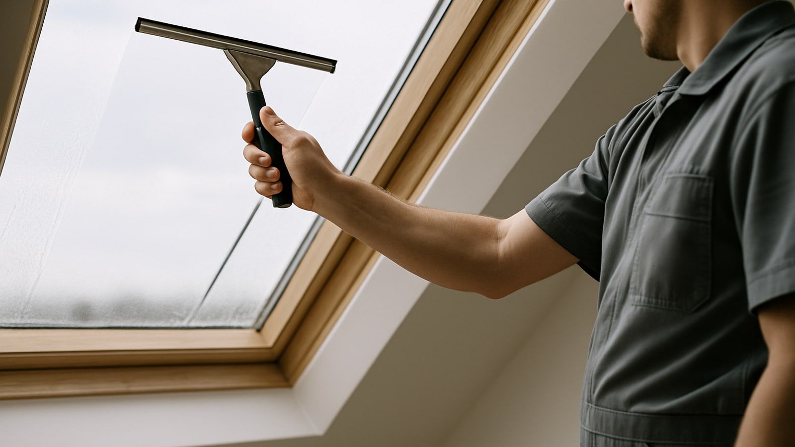 Gebäudereinigung Datteln: Fensterreinigung, Reinigungskraft zieht ein Dachflächenfenster von innen mit dem Abzieher ab