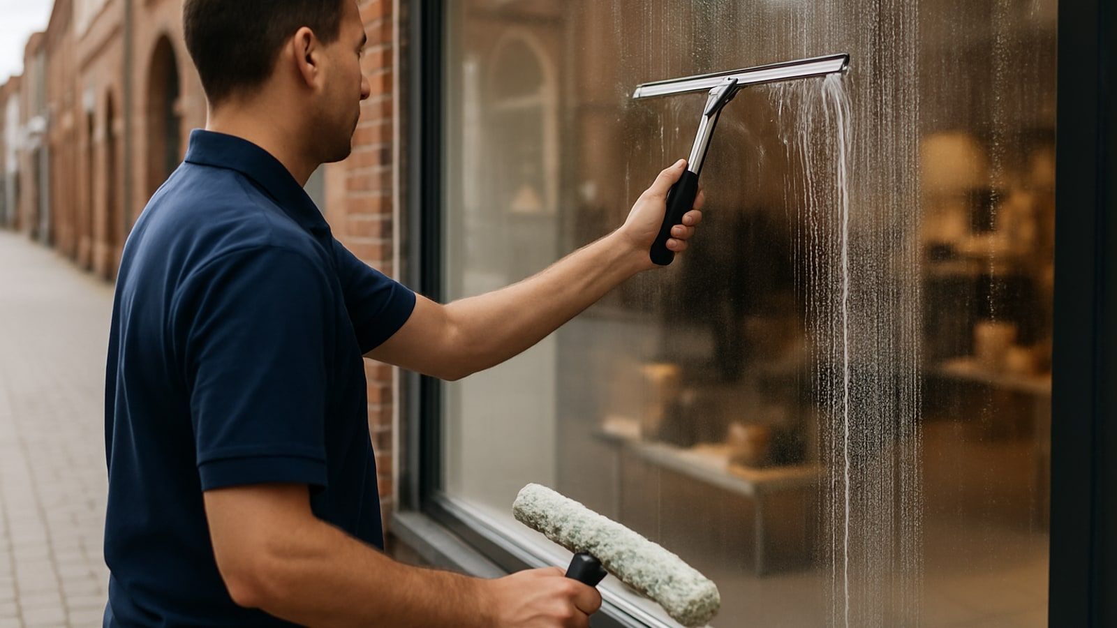 Gebäudereinigung Dorsten: Fensterreinigung, Reinigungskraft zieht ein Schaufenster in der Fußgängerzone mit dem Abzieher ab
