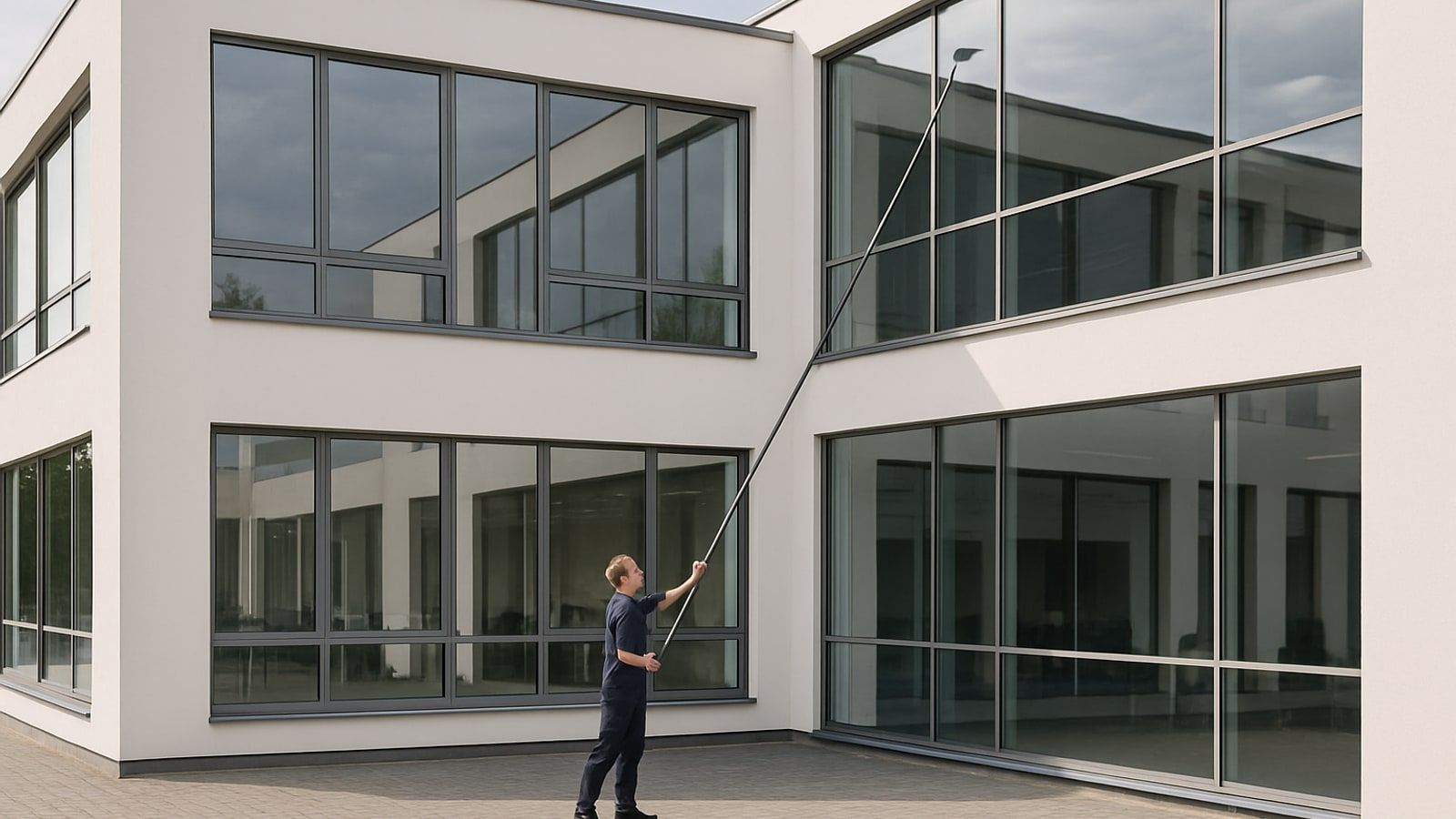 Gebäudereinigung Erkrath: Reinigungskraft reinigt die hohen Fensterflächen eines Bürogebäudes mit einer Teleskopstange vom Boden aus