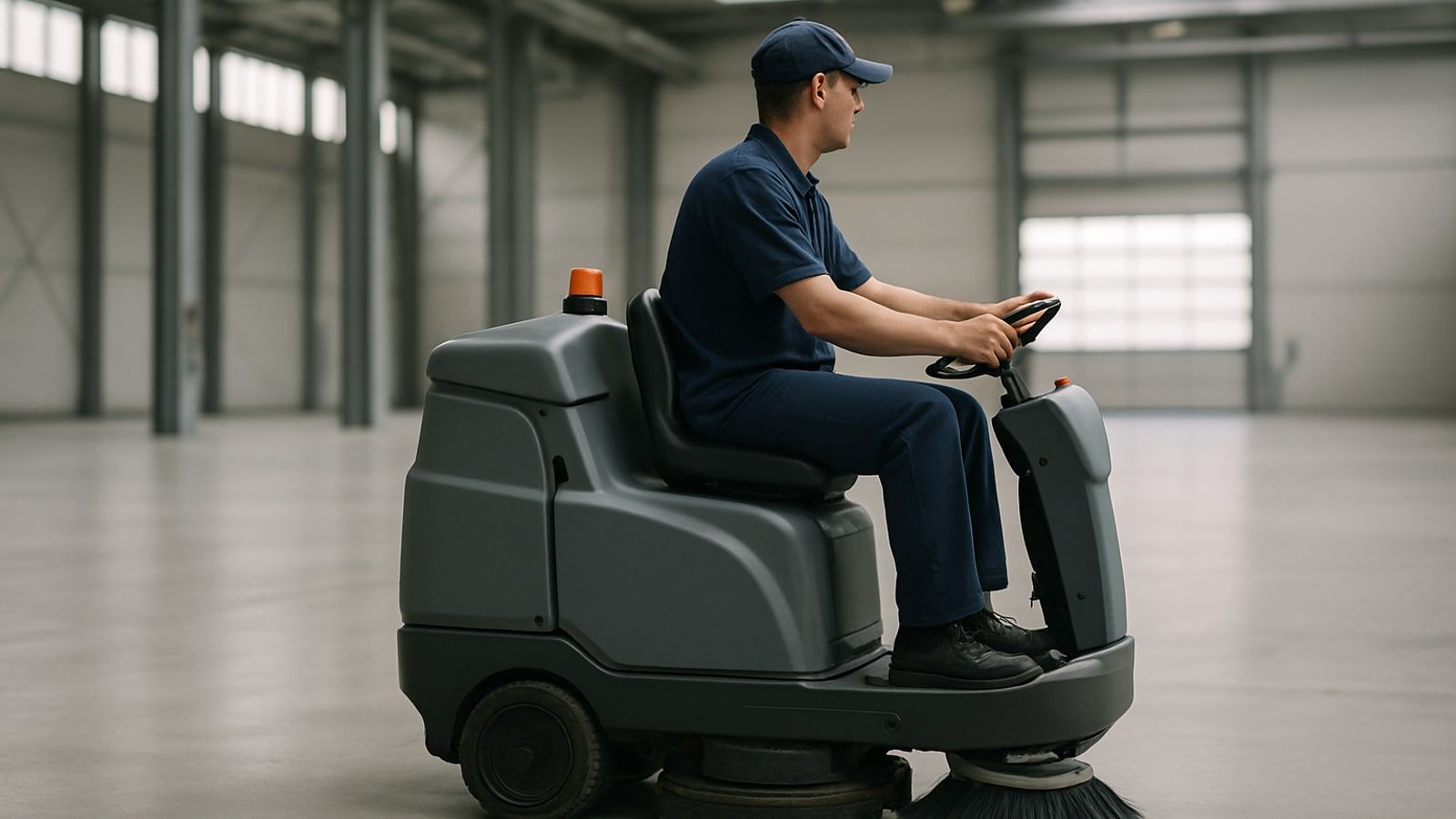 Gebäudereinigung in Gelsenkirchen: Reinigungskraft reinigt den Boden einer Industriehalle mit einer Aufsitzkehrmaschine