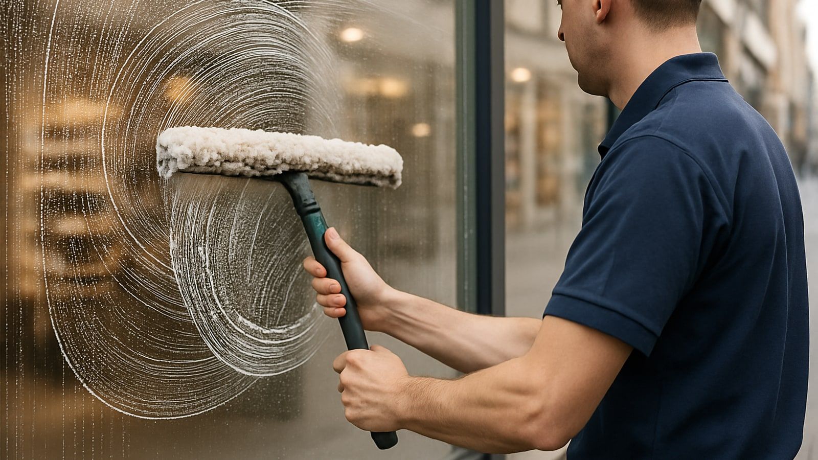 Gebäudereinigung in Gladbeck: Reinigungskraft wäscht ein großes Schaufenster in der Einkaufsstraße mit dem Einwascher ein
