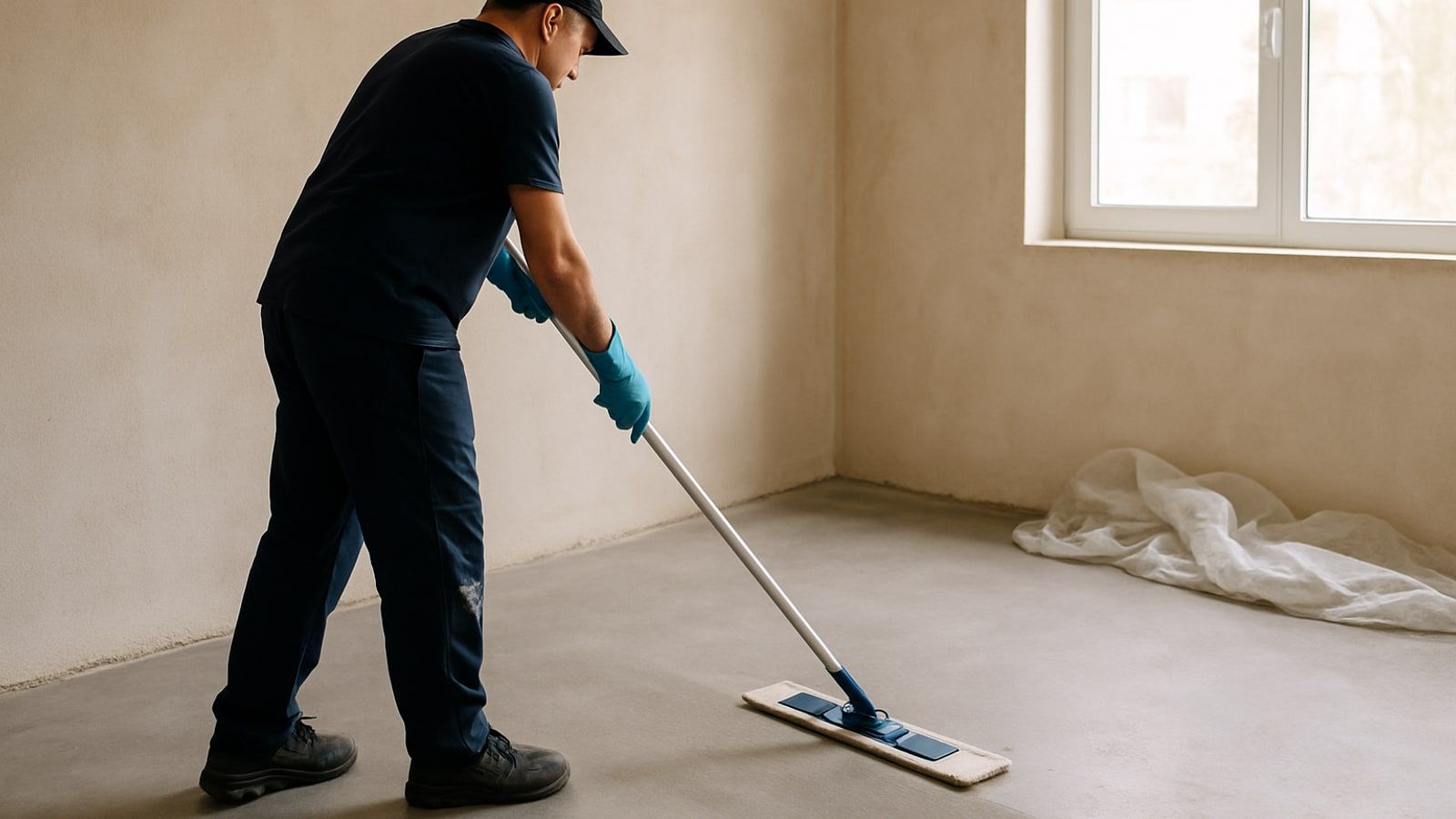 Gebäudereinigung Heiligenhaus: Bauendreinigung, Reinigungskraft wischt den Estrichboden eines frisch renovierten Raums mit einem Flächenwischer