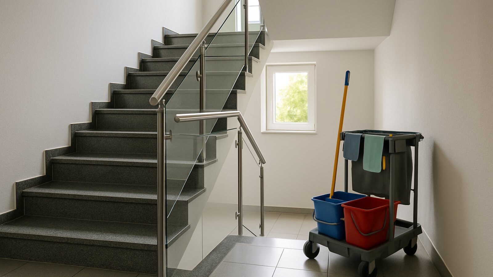 Gebäudereinigung Herne: frisch gereinigtes Treppenhaus im Mehrfamilienhaus mit glänzenden Stufen und bereitstehendem Reinigungswagen
