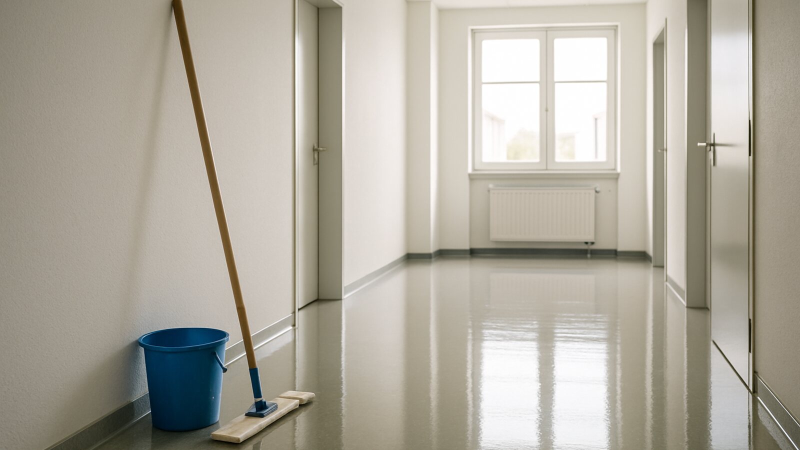 Gebäudereinigung Herne: frisch gewischter glänzender Büroflur mit abgestelltem Mopp und Eimer
