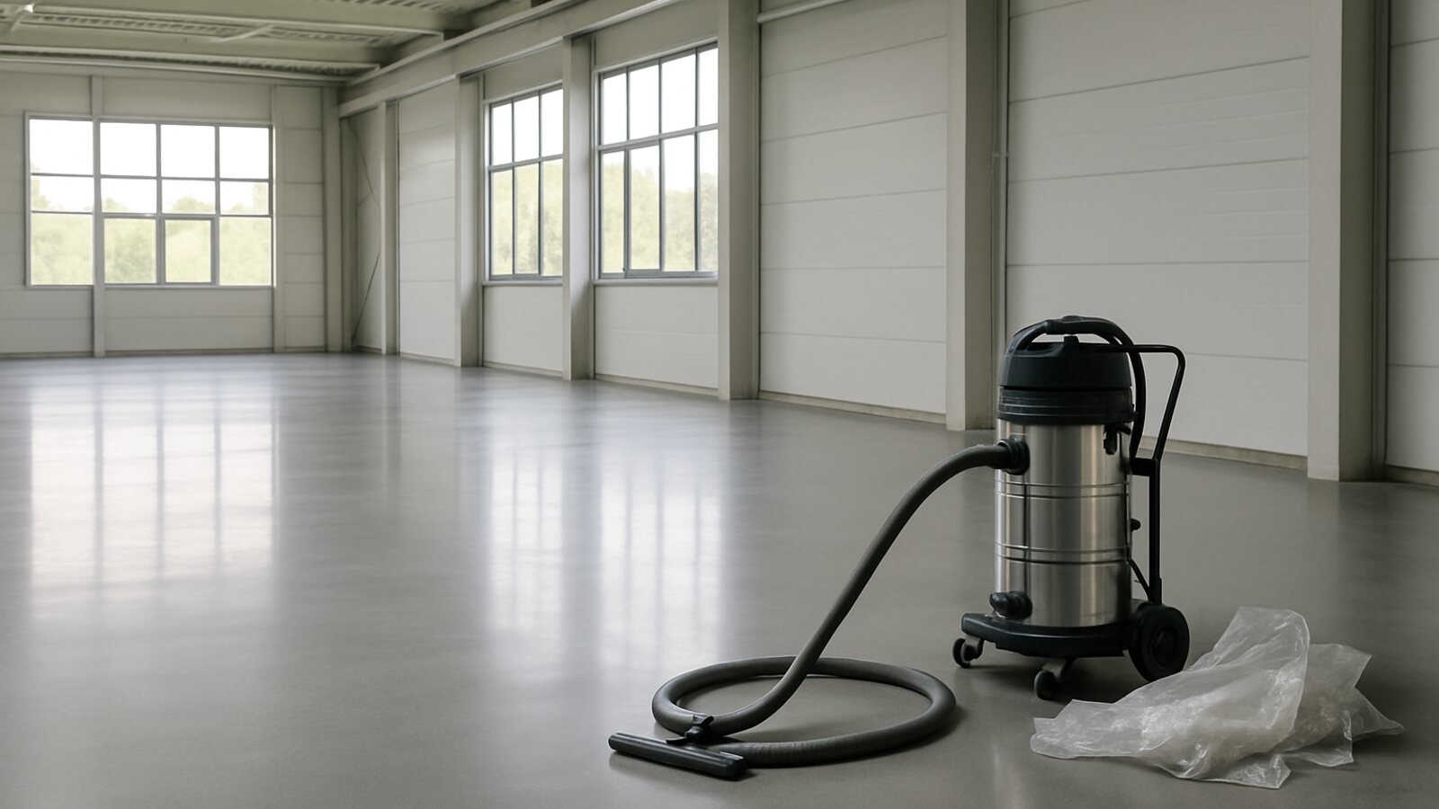 Gebäudereinigung Herten: Bauendreinigung einer neuen Gewerbehalle, staubfrei gereinigter Betonboden mit abgestelltem Industriesauger