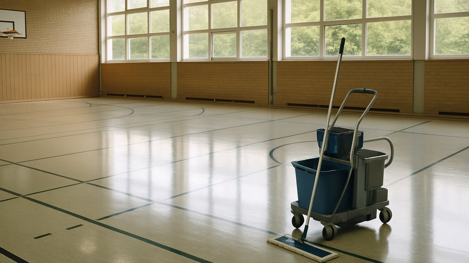 Gebäudereinigung Herten: frisch gereinigte Sporthalle mit glänzendem Schwingboden und abgestelltem Flachmopp-Wischwagen