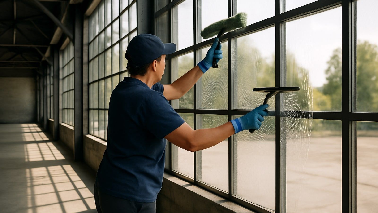Gebäudereinigung Herten: Reinigungskraft reinigt die große innere Glasfront einer umgenutzten Industriehalle mit Einwascher und Abzieher